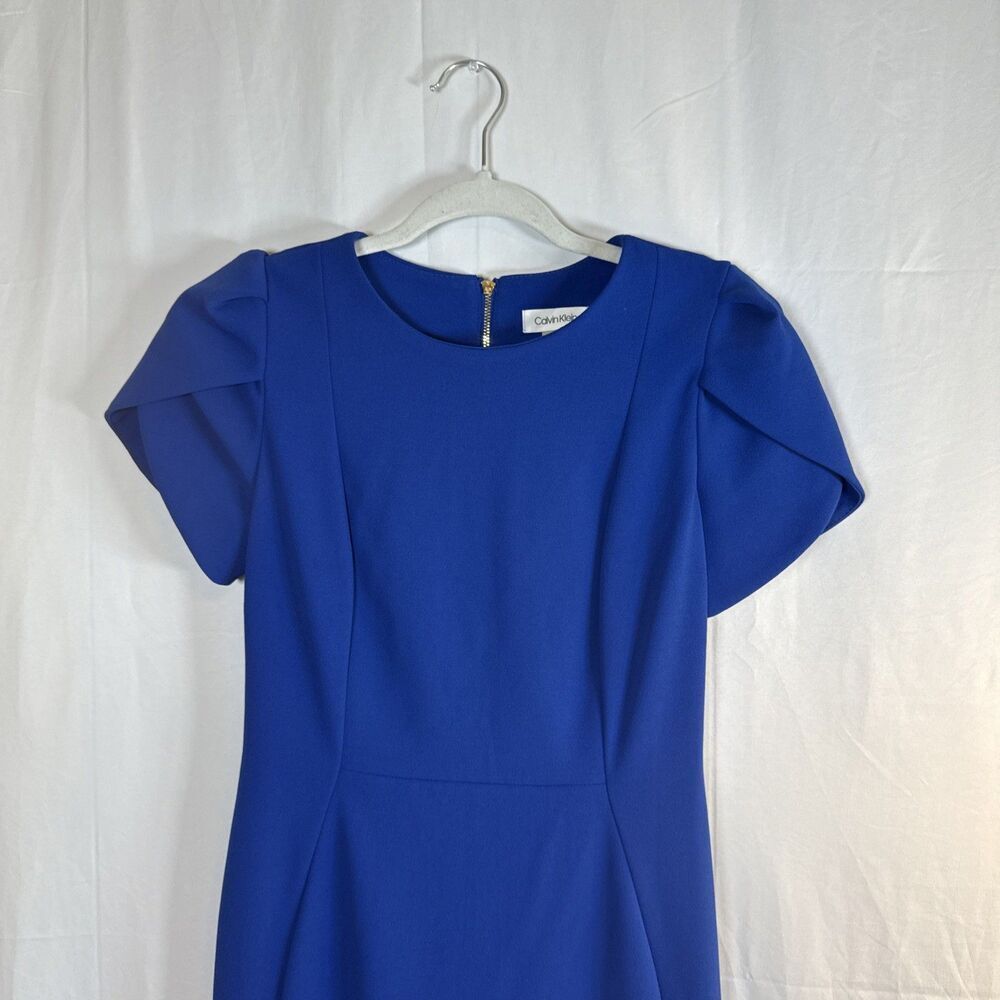 Calvin Klein Womens Royal Blue Tulip Puff Sleeve Round Neck Sheath Dress Size 4 - Picture 2 of 11